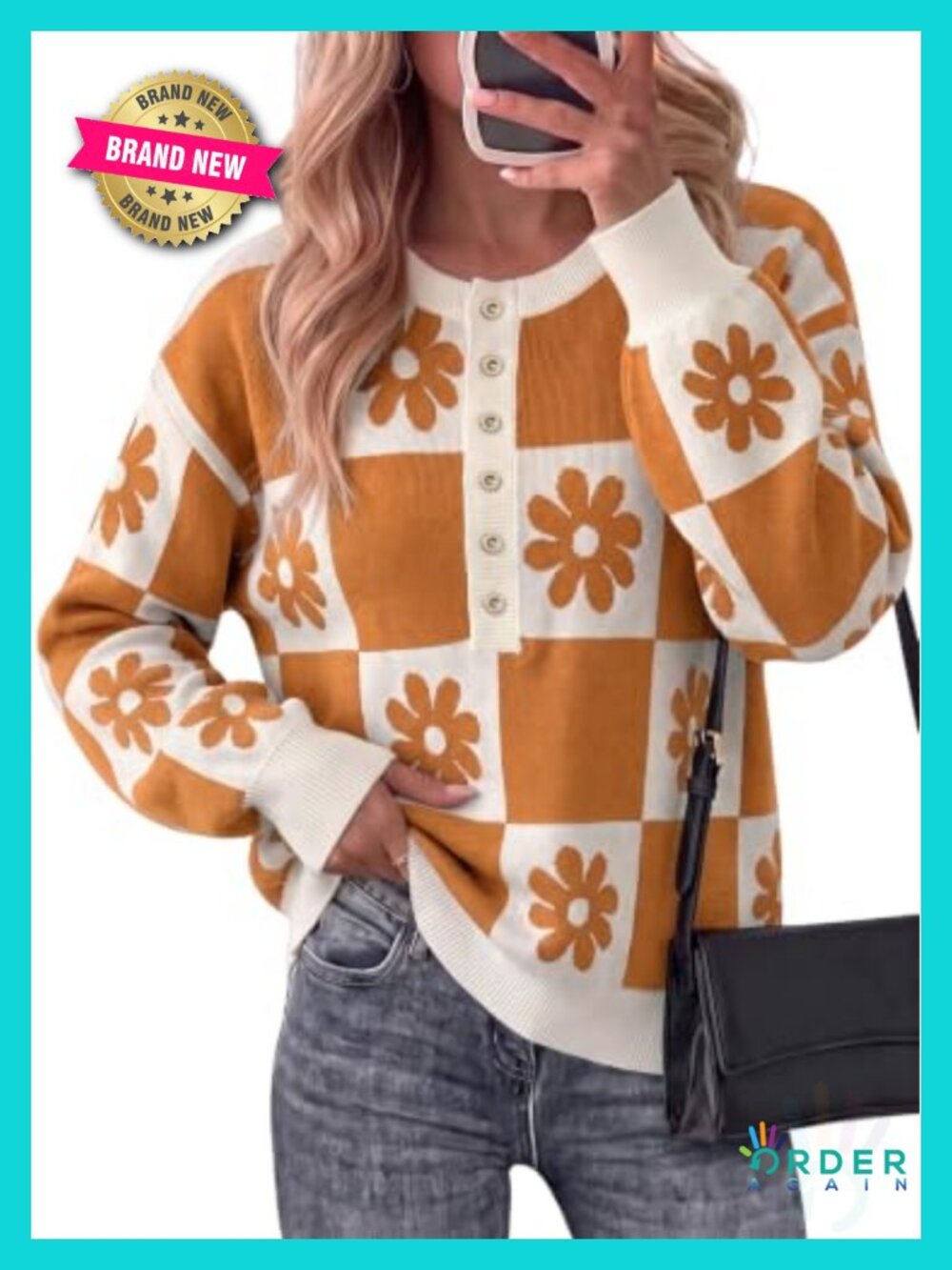 Women's Crewneck Long Sleeve Floral Plaid Button Down Pullover Sweater
